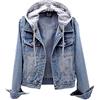DABAOK Giacca in jeans in denim casual invecchiata con bottoni e bottoni a maniche lunghe, giacca leggera da donna con cappuccio, Azzurro, L
