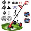 Fovendi Tagliaerba a Batteria da 21 V, Decespugliatore con Spazzola per Erbacce, Manico Elettrico Telescopico da 12 Pollici, con Testa Girevole a 90° e Ruote, Mini Tosaerba con 2 Batterie e Caricatore