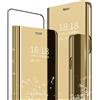 MLOTECH Cover per Samsung A50, Flip Clear View Traslucido Specchio Cover + Vetro Temperato Pellicola Protettiva Standing 360°Custodia antiurto Smart Cover Bumper Golden