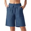 WILLIT Pantaloncini da donna in lino, in cotone, per il tempo libero, bermuda corti, lunghi al ginocchio, a vita alta, comodi pantaloncini estivi con tasche da 10, blu jeans, L