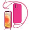 Coalbooliy Cover per iPhone 12 mini 5,4 con Cordino per Cellulare, Custodia Silicone con Regolabile Collana Sottile Morbida Case Protezione della fotocamera Antiurto con Necklace, Rosa Rossa