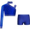 Zaldita Tuta da Ginnastica Artistica Bambina Strass Top Monospalla e Pantaloncini Completo Sportivo Fitness Yoga Allenamento Costume da Danza Classica A Blu Verde 15-16 Anni