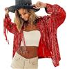 KBOPLEMQ Giacca da donna con paillettes glitterate, oro argento, bomber metallizzato, giacca da motociclista, outwear retrò, casual, con frange, per clubwear da donna, hiphop, cardigan a maniche