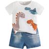 amropi Completo Bambino Estate Tuta Dinosauro Maglietta a Maniche Corte e Denim Pantaloncini Set 12-18 Mesi,Bianco Blu