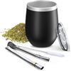 Aquafloow Tazza Yerba Mate a Doppia Parete 350 ml, Mate Argentino + 2 Pezzi Cannucce in Acciaio | Coperchio senza BPA, Set da Tè in Acciaio Inox per Yerba, Mate - Nero