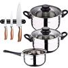 SAN IGNACIO Batteria da cucina 5 pezzi acciaio inox con set di 3 coltelli in acciaio inox con barra magnetica adatti per induzione