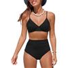 NLAND Costume da Bagno Donna Due Pezzi a Vita Alta Increspato Scollo a V Sexy Bikini Set Costumi Mare Halter Push Up Imbottito Beachwear(Rosso Vino,L)