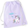 minimutz Sacca da ginnastica per bambine con nome e motivo unicorno, nuvole e stelle, sacchetto di stoffa personalizzabile con coulisse, Viola pastello