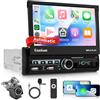 Hodozzy Autoradio 1 Din con Schermo a Scomparsa con Senza Fili Carplay Android Auto, Hodozzy Motorizzato Schermo 7 Pollici 1 Din Stereo Auto con Bluetooth, Mirror Link, EQ, USB/AUX, FM RDS Radio+Telecamera