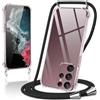 Coiwxmoi Cover per Samsung Galaxy S22 Ultra 5G con Cordino 6.8,Trasparente Custodia con Laccio Tracolla Corda Catena Cinghia,Ultra Morbido Silicone TPU Antiurto Case, Nero