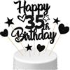 Conruich Decorazione per Torta di Compleanno 35 anni Uomo Donna, Cake Topper Happy 35th Birthday Nero, Torta Torta Stella Cuore Nero per Decorazione Festa 35 anni Compleanno Donna Uomo