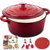 Overmont Casseruola in Ghisa Smaltata - Antiaderente Forno Olandese con Coperchio - Ø26 CM Rotonda Cocotte per Adatto a Piani di Cottura e Forni a Induzione - Rosso