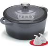 Overmont Casseruola in Ghisa Smaltata - Antiaderente Forno Olandese con Coperchio - Ø26 CM Rotonda Cocotte per Adatto a Piani di Cottura e Forni a Induzione - Grigio