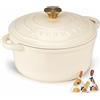Overmont Casseruola in Ghisa Smaltata - Antiaderente Forno Olandese con Coperchio - Ø28 CM Rotonda Cocotte per Adatto a Piani di Cottura e Forni a Induzione - Bianco