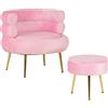 IlGruppone Poltrona Camera da Letto e Salotto in Velluto con Poggiapiedi Contenitore - Poltroncina Relax Moderna con Gambe in Metallo Placcato Oro - Design Moderno - Rosa
