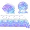 POPOYU Set di 37 Piatti di Carta Frozen Blu, Stoviglie per Feste in Carta di Frozen, 20 x Tovaglioli, 16 x Piatti, Tovaglia Natalizia per Decorazioni Elsa Compleanno Bambina (16 ospiti)