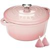 Overmont Casseruola in Ghisa Smaltata - Antiaderente Forno Olandese con Coperchio - Ø28 CM Rotonda Cocotte per Adatto a Piani di Cottura e Forni a Induzione - Rosa