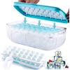 CUQOO Stampo per cubetti di ghiaccio in silicone con coperchio e contenitore + paletta extra per ghiaccio - 2 x 24 cubetti blu con coperchio, a sgancio rapido per cubetti di cibo, riutilizzabile per