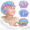 OlyPegic Cuffia da doccia per bambini, 3 pezzi, cuffia da doccia per bambini, graziosa, a doppio strato, con fascia elastica in seta, riutilizzabile, impermeabile, grande cuffia da bagno per bambini, ragazze e