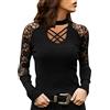 Generic Camicetta da Donna Top con Scollo a V Stampata Allentata Camicetta Sexy con Maniche Lunghe in Pizzo Camicia Elegante alla Camicia Azzurra Cotone