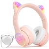 I love e iFecco IFECCO Cuffie Bluetooth per bambini senza fili con custodia - Cuffie over-ear con luci LED, orecchie da gatto, limitazione del volume a 85 dBA, microfono integrato, compatibili con iPad/tablet/scuola