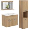 kleankin Set di mobili da bagno, 3 pezzi, armadio a specchio + mobile sotto lavabo sospeso con lavabo in ceramica + mobile a colonna con ripiani regolabili naturale
