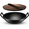 Big smoke's Wok in ghisa con coperchio in legno per friggere, grigliare, friggere e cuocere a vapore, padella profonda con coperchio, diametro 30 cm,wok antiaderente e resistente ai graffi,