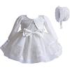 Carolilly Vestito Battesimo Bambina Neonata Abito in Pizzo Bianco 3 Pezzi Coprispalla Elegante+Abito Bianco+Cappello Cerimonia Matrimonio，0-3 Mesi