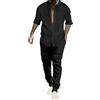 Generic Vestito Casual di moda per gli uomini 2024 nuovo vestito da uomo a righe colletto Hengli camicia pantaloni di tendenza casual cotone lino set punjabi vestito per gli uomini, Nero , XL