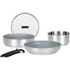 Sitram 716744 - Batteria da cucina in acciaio inox, 5 pezzi: 1 manico rimovibile, 1 casseruola Ø18 cm, 1 padella Ø28 cm, 1 padella Ø24 cm, 1 coperchio in vetro, rivestimento antiaderente in ceramica