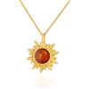 AMBEDORA Collana Donna Piccolo Sole Con Ambra, Argento Placcato Oro, Ambra Baltica Rotonda Color Cognac, Ciondolo in Argento con Catenella