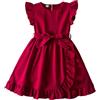 JiAmy Vestito estivo da bambina, con maniche a volant, per bambine, casual, con cintura, per bambini dai 2 agli 8 anni, Rosso, 5-6 Anni