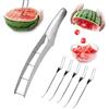 CHENNAN Coltello da Anguria in Acciaio Inox, Pratico Affettatrice per Anguria Taglia, Taglia Melone a Fette Acciaio, Con 5 Pezzi Forchette da Frutta, per Angurie, Meloni, Papaia, Frutti del Drago (A)