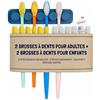 EHOP [EHOP] Kit Famiglia - 2 Spazzolini Adulti, 2 Bambini + 12 Testine Morbide + Supporto a Ventosa | Made in France | Mix di Colori