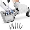 longzon Affilacoltelli Professionale, 4 in 1 Affila Coltelli da Cucina con Due Guanti Antitaglio, Affilacoltelli Manuale per Coltelli Dritti, Forbici, Sicuro e Facile da Usare - Grigio