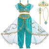 BSBUY Ragazza Costume Vestito Jasmine Principessa, 6 Pezzi Costume da Principessa Jasmine, Jasmine Principessa Abiti Ragazze, con Corona Bacchetta Collana, per Cosplay Compleanno Halloween Carnevale