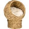 PawHut Cuccia Rialzata per Gatti in Vimini, con Cuscino in Cotone, Marrone e Bianco, 42 x 33 x 52cm