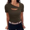 Aottori T-Shirt Donna Scollo Asimmetrico Cotone Maglietta Manica Corta Estiva Basic Top a Coste Elasticizzato Elegante Tee Shirt Slim Fit Sexy Casual Marrone L