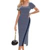 GRACE KARIN Vestito Midi a Maniche Corte da Donna, Abito Tubino a Righe con Spacco, Abito Estivo per Le Vacanze al Mare CL56-02/ Blu Navy XL