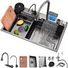 Ribanedy Lavello cucina Nano nero lavandino a cascata in acciaio inossidabile 304 lavandino cucina per postazione di lavoro a vasca singola con Display digitale multifunzionale Rubinetti estraibili 80x45 cm