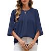 PASUDA Camicia Donna Elegante Manica a 3/4 Top Blusa a Girocollo in Chiffon Casual Camicetta Estiva Tinta Unita Manicotto Split Maglietta da Lavoro (Blu Marino, XXL)