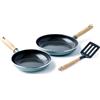 GreenPan Mayflower Set di Padelle in Ceramica Antiaderente 3 Pezzi 20 cm e 24 cm e Spatola, Manico in Legno Vintage, Senza PFAS, Induzione, Blu Fumé