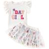 LUVCES Vestito per Compleanno Bambina Lettere Ricamo Maglietta +Colorito Tutù Gonna in Tulle 2Pcs Estivi Vestiti Set per Compleanno Bambini Bambine Bianco BDAY GIRL 1-2 Anni