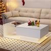 Soweiz Tavolino da salotto in stile moderno, lucido, 100 x 50 x 32 cm, con piano in vetro e cassetti, resistente ai graffi, con 1 cassetto, con illuminazione a LED (bianco)