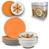 ARCA, Set 12 Piatti Coordinati Flowers in Porcellana Decorata, Servizio per 6 Persone, con Piatti Fondi e Piani, Moderni e Colorati, Lavabili in Lavastoviglie, Colore Arancio
