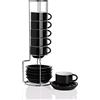 Sweejar Home Set di 6 Tazzine da Caffè e Piattini in Porcellana - Impilabili Con Supporto in Metallo, 70 ml, per Latte, Caffè, Tè - Nero
