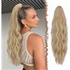 FESHFEN Coda Capelli Extension Pinza - Lunga Ondulato Coda Finta Capelli Riccia Coda di Cavallo Estension Sintetici Posticcio Ponytail per Donne, 63 cm Biondo Scuro Cenere
