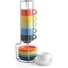 Sweejar Home Sweejar Set di 6 tazze da caffè e piattino, impilabili, in porcellana Demitasse con supporto in metallo, 70 ml, per latte, caffè, cappuccino, tè Multicolore