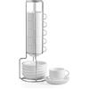 Sweejar Home Sweejar Set di 6 tazze da caffè e piattino, impilabili, in porcellana Demitasse con supporto in metallo, 70 ml, per latte, caffè, cappuccino, tè bianco