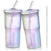 Joeyan 2 Pezzi 650ml Grandi Arcobaleno Bicchieri Vetro con Cannuccia e Coperchio,Bottiglie Colorate a Tumbler,iridescenti Tazza per Succhi Smoothie Bubble Tea Caffè Freddo,Lavabili in Lavastoviglie